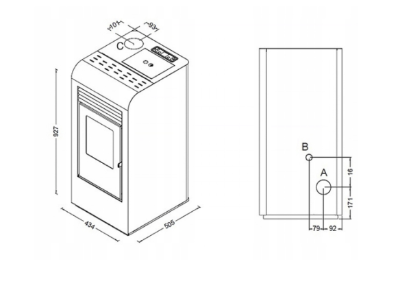 Kominek na pellet Eva Calor Giada 9kW z nadmuchem wymiary