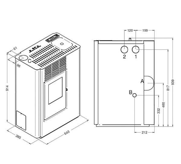 Kominek na pellet Nella Slim 9 kW DGP wymiary