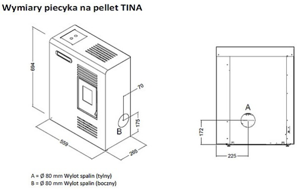 Kominek na pellet Eva Calor Tina 4kW z nadmuchem wymiary