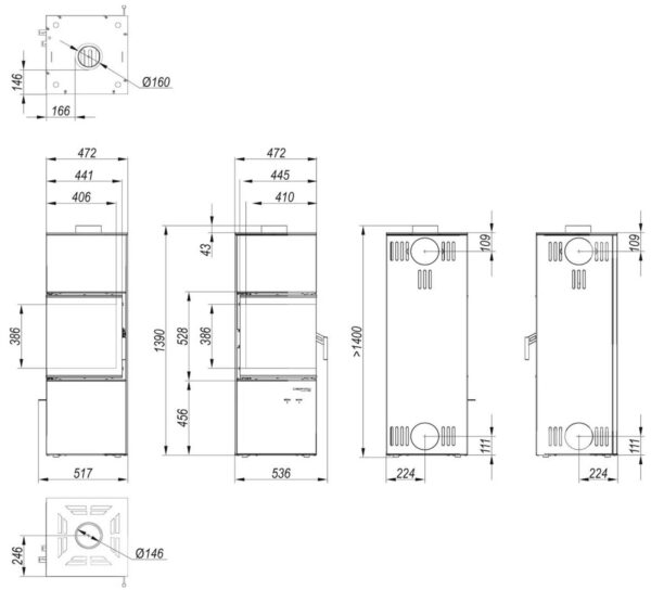 Kominek wolnostojacy na drewno DEFRO HOME QUADROOM 96kW Wymiary