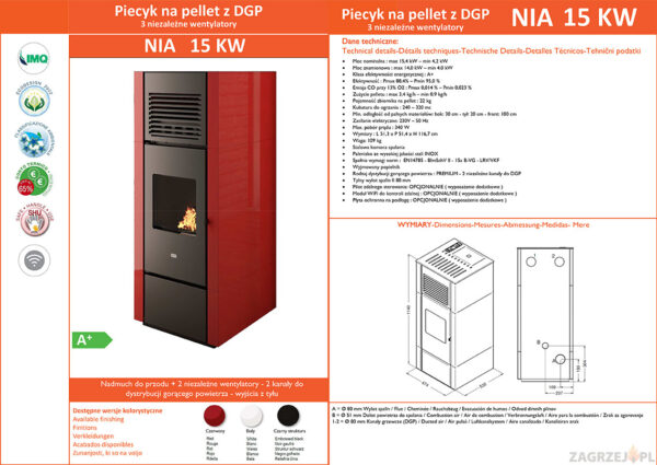 ulotka Piec na pellet Eva Calor Nia 15 kW z DGP 3 pomieszczenia